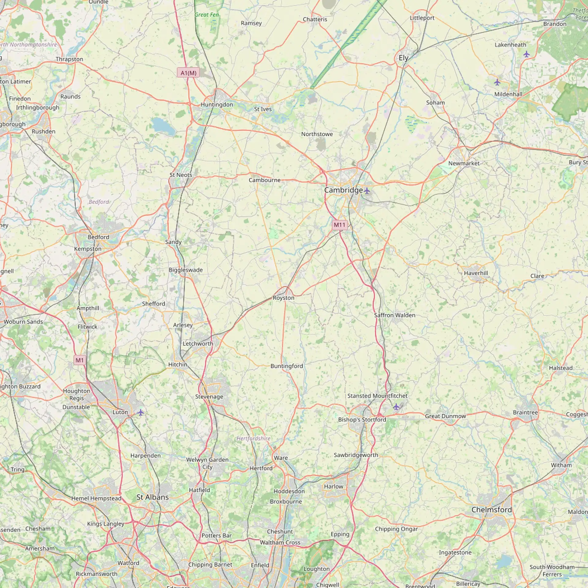 Map of New Dawn Blinds coverage across Hertfordshire, Cambridgeshire, Bedfordshire and North Essex