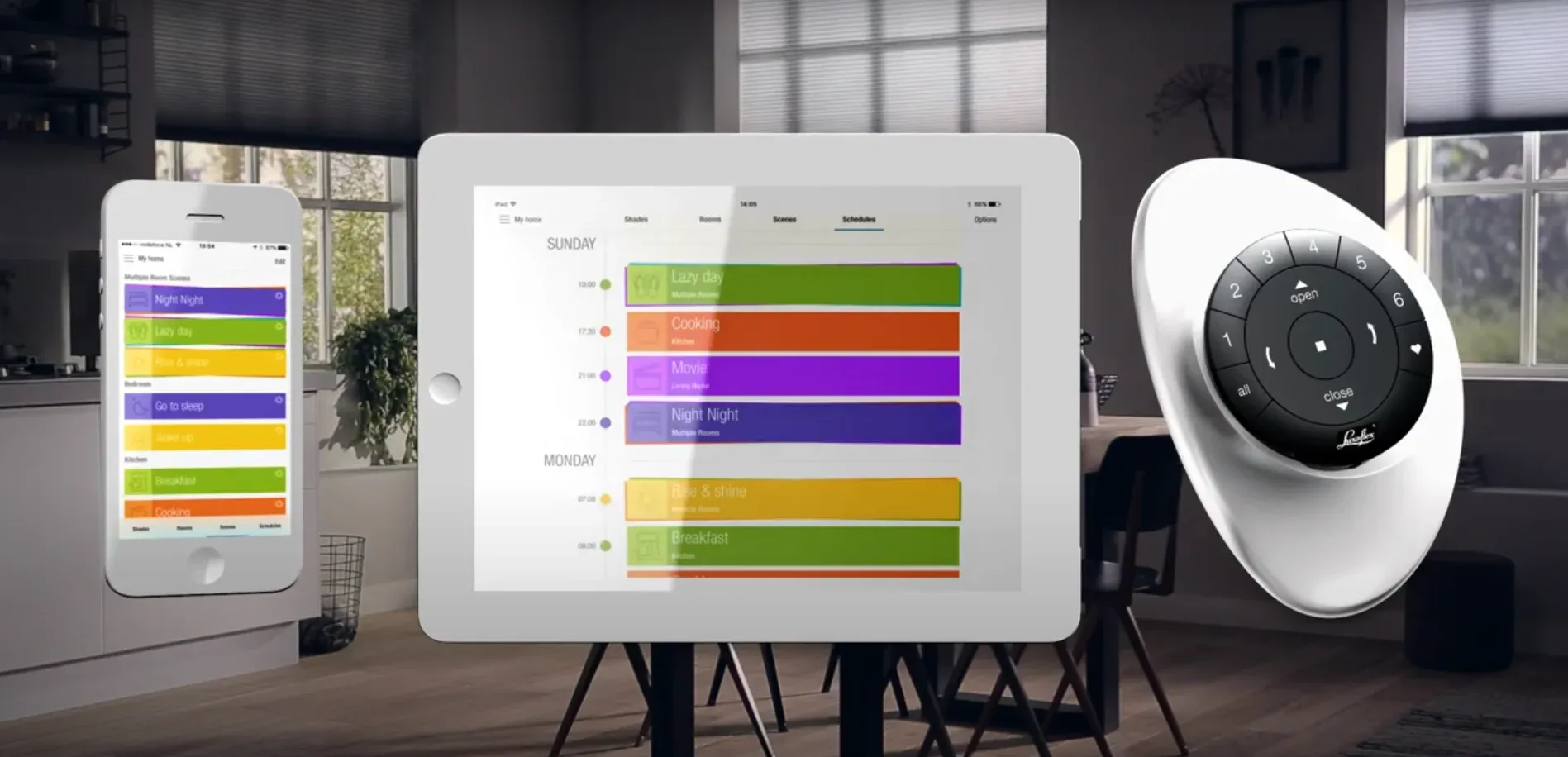 Luxaflex PowerView app and remote controlling motorised blinds in a modern home