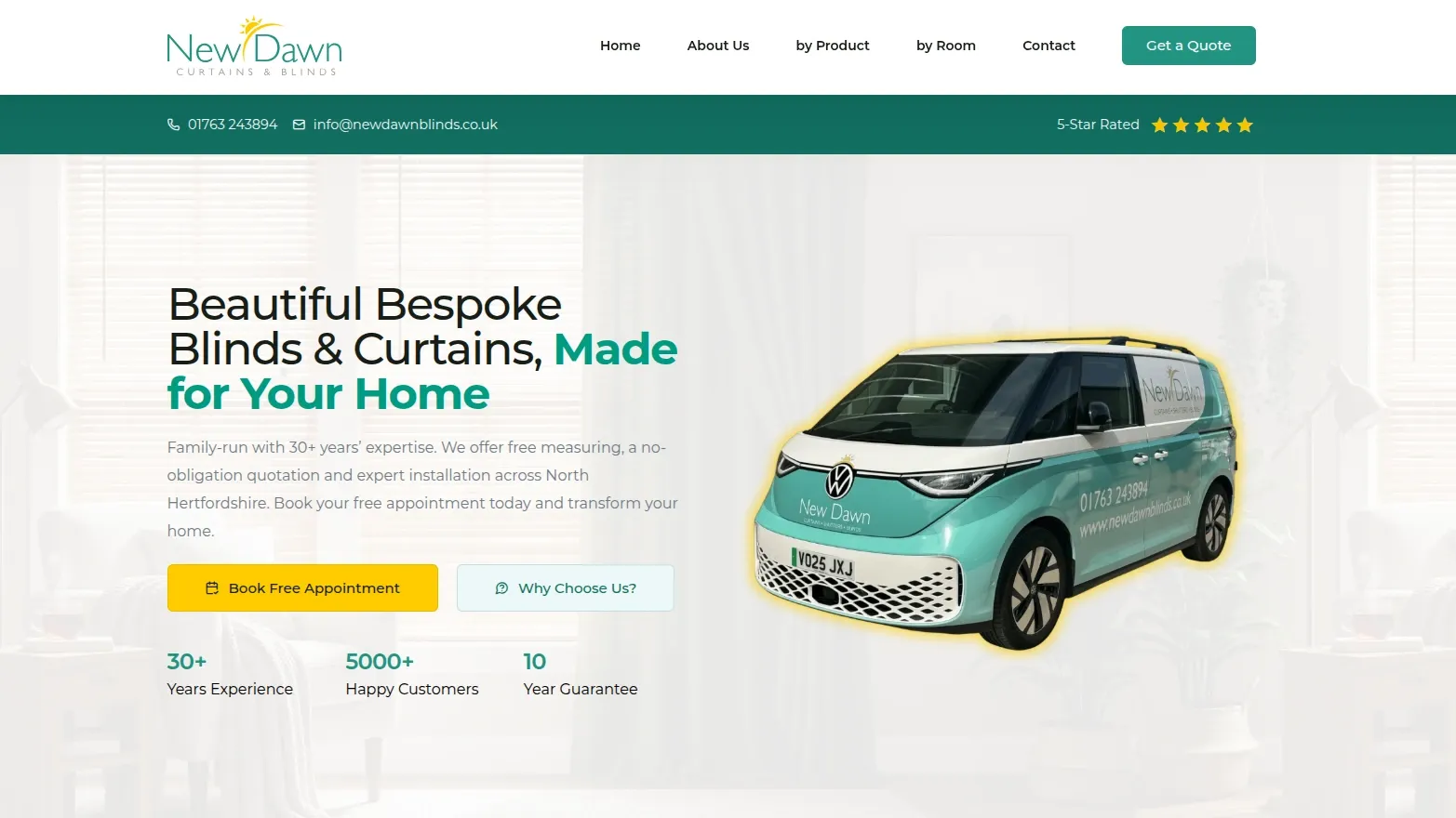 Screenshot of the new New Dawn Blinds website homepage